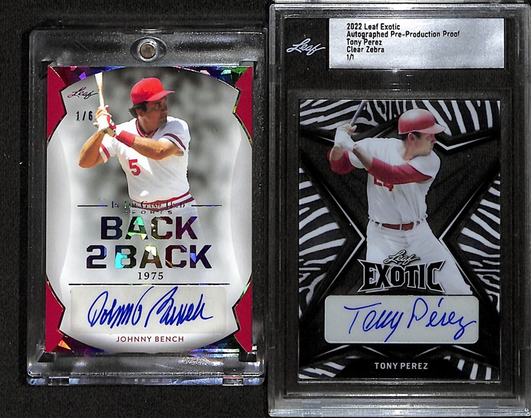 2022 Leaf In The Game Johnny Bench/Pete Rose Back 2 Back Dual Autograph #d 1/6 and 2022 Leaf Exotic Tony Perez Clear Zebra Autograph 1/1